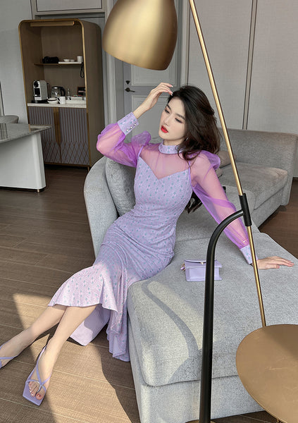 Spring Retro Fancy Temperament Puff Sleeve Purple Long Sleeve Fishtail Long Dress
