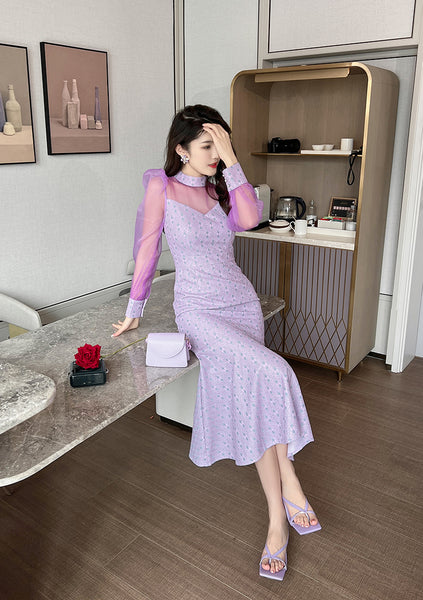 Spring Retro Fancy Temperament Puff Sleeve Purple Long Sleeve Fishtail Long Dress