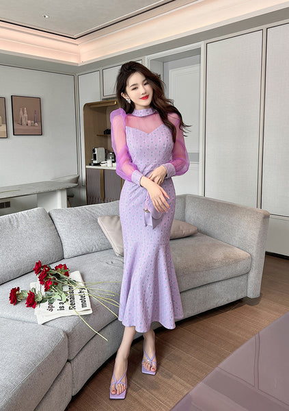 Spring Retro Fancy Temperament Puff Sleeve Purple Long Sleeve Fishtail Long Dress