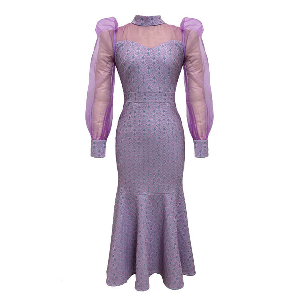 Spring Retro Fancy Temperament Puff Sleeve Purple Long Sleeve Fishtail Long Dress
