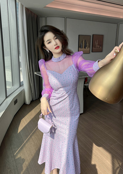 Spring Retro Fancy Temperament Puff Sleeve Purple Long Sleeve Fishtail Long Dress