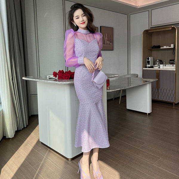 Spring Retro Fancy Temperament Puff Sleeve Purple Long Sleeve Fishtail Long Dress