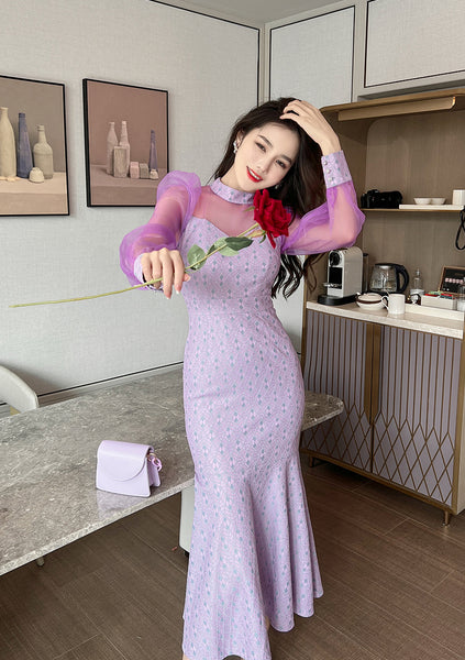 Spring Retro Fancy Temperament Puff Sleeve Purple Long Sleeve Fishtail Long Dress