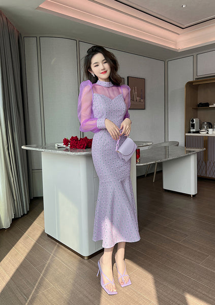 Spring Retro Fancy Temperament Puff Sleeve Purple Long Sleeve Fishtail Long Dress