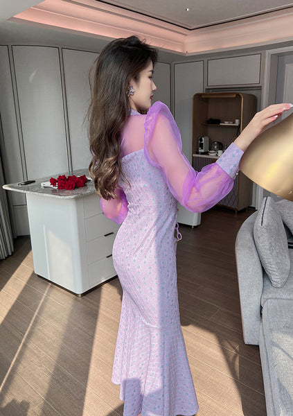 Spring Retro Fancy Temperament Puff Sleeve Purple Long Sleeve Fishtail Long Dress