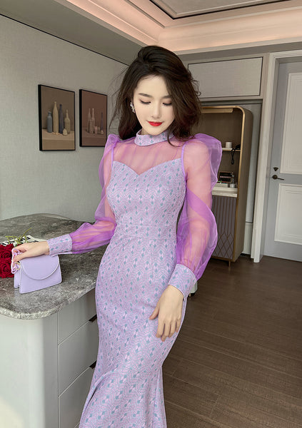 Spring Retro Fancy Temperament Puff Sleeve Purple Long Sleeve Fishtail Long Dress