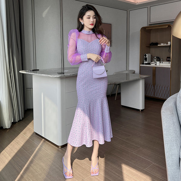 Spring Retro Fancy Temperament Puff Sleeve Purple Long Sleeve Fishtail Long Dress