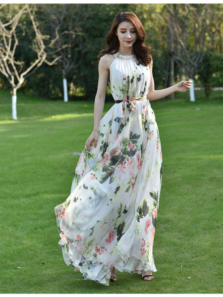 Fairy Summer Beach Seaside Trendy Charm Women Halter Neck Long Big Swing Floral Maxi Dress Gown