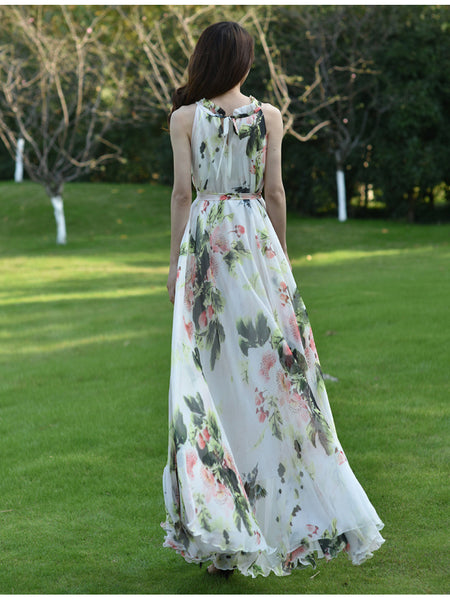 Fairy Summer Beach Seaside Trendy Charm Women Halter Neck Long Big Swing Floral Maxi Dress Gown