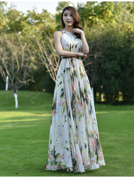 Fairy Summer Beach Seaside Trendy Charm Women Halter Neck Long Big Swing Floral Maxi Dress Gown