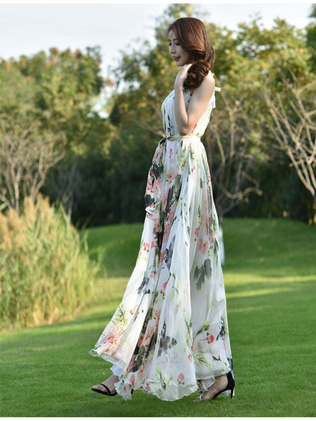 Fairy Summer Beach Seaside Trendy Charm Women Halter Neck Long Big Swing Floral Maxi Dress Gown