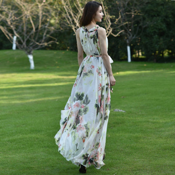 Fairy Summer Beach Seaside Trendy Charm Women Halter Neck Long Big Swing Floral Maxi Dress Gown