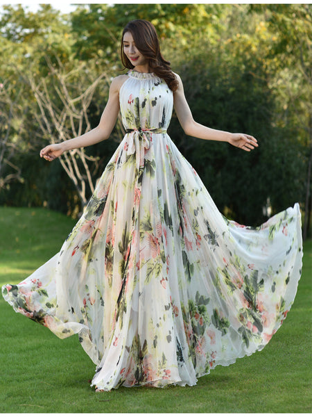 Fairy Summer Beach Seaside Trendy Charm Women Halter Neck Long Big Swing Floral Maxi Dress Gown