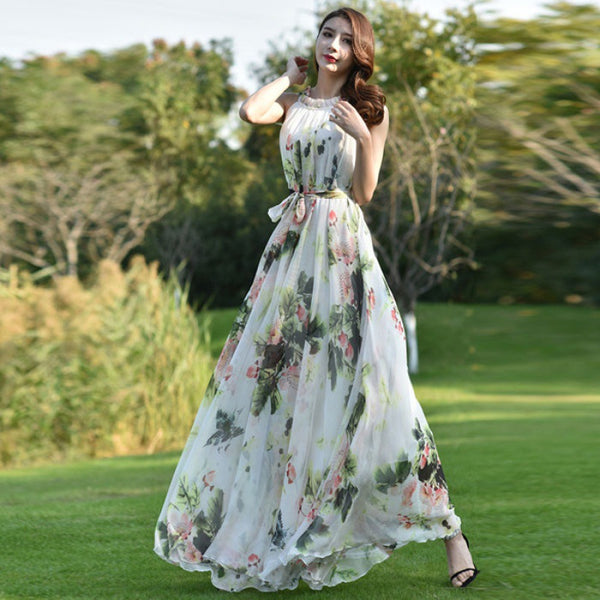 Fairy Summer Beach Seaside Trendy Charm Women Halter Neck Long Big Swing Floral Maxi Dress Gown