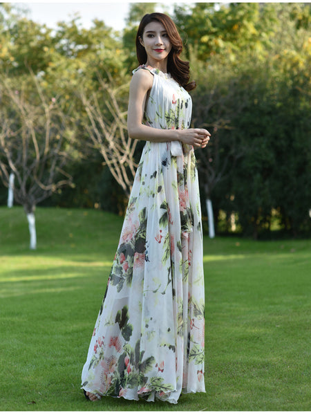 Fairy Summer Beach Seaside Trendy Charm Women Halter Neck Long Big Swing Floral Maxi Dress Gown