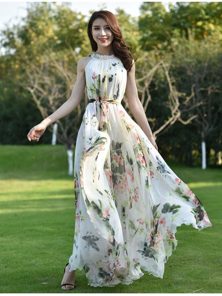 Fairy Summer Beach Seaside Trendy Charm Women Halter Neck Long Big Swing Floral Maxi Dress Gown
