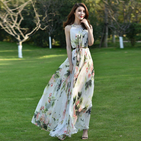 Fairy Summer Beach Seaside Trendy Charm Women Halter Neck Long Big Swing Floral Maxi Dress Gown