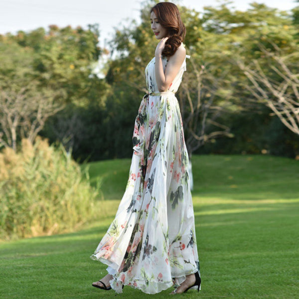 Fairy Summer Beach Seaside Trendy Charm Women Halter Neck Long Big Swing Floral Maxi Dress Gown