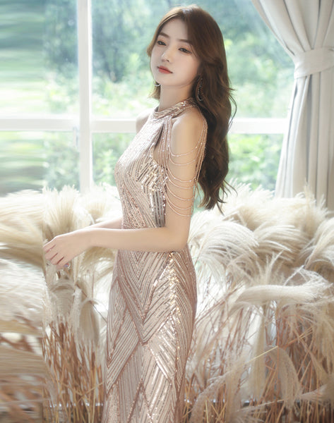 Spring Fairy Temperament Evening Fishtail Champagne Color Texture Pattern Ladies Party Dress