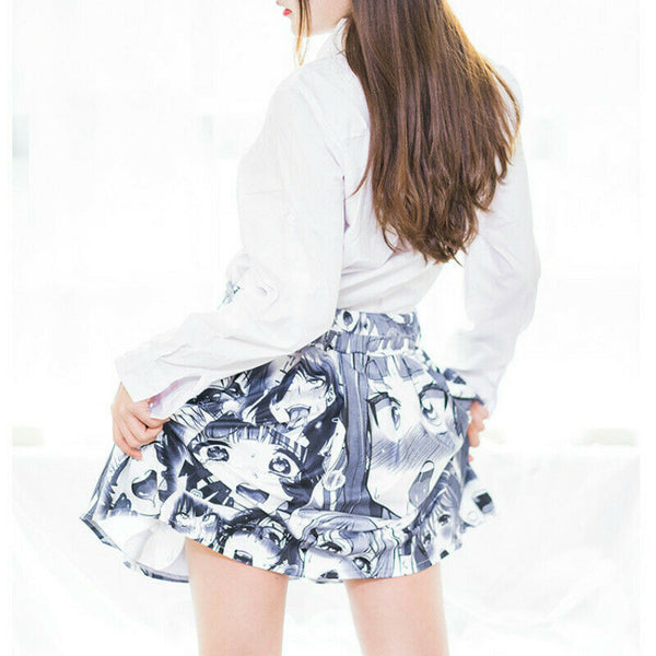 2D Cute Japanese Comics Anime Costume printing Sexy Mid Waist Pleated Maxi Skirt