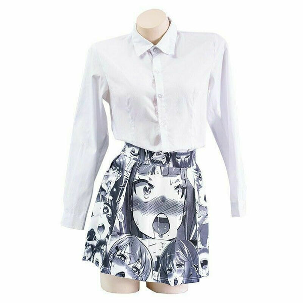 2D Cute Japanese Comics Anime Costume printing Sexy Mid Waist Pleated Maxi Skirt