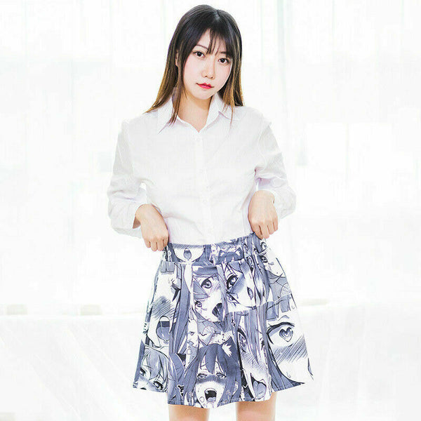 2D Cute Japanese Comics Anime Costume printing Sexy Mid Waist Pleated Maxi Skirt