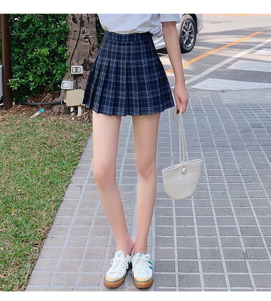 Summer Kawaii Women High Waist Soft Aesthetic Preppy Pleated Short Plaid Maxi A Line Skirt