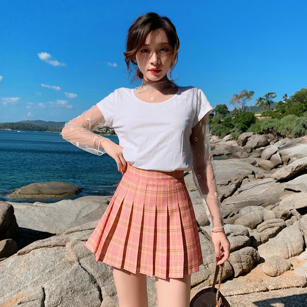 Summer Kawaii Women High Waist Soft Aesthetic Preppy Pleated Short Plaid Maxi A Line Skirt