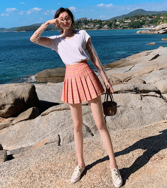 Summer Kawaii Women High Waist Soft Aesthetic Preppy Pleated Short Plaid Maxi A Line Skirt