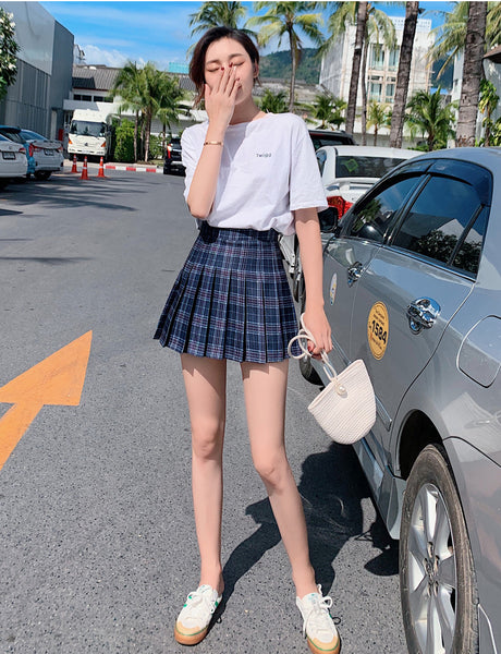 Summer Kawaii Women High Waist Soft Aesthetic Preppy Pleated Short Plaid Maxi A Line Skirt