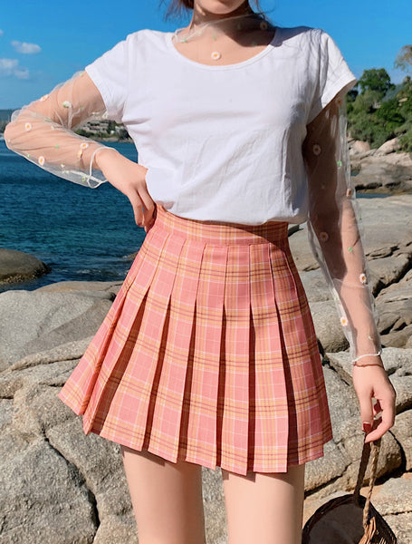 Summer Kawaii Women High Waist Soft Aesthetic Preppy Pleated Short Plaid Maxi A Line Skirt