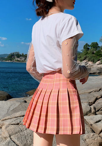 Summer Kawaii Women High Waist Soft Aesthetic Preppy Pleated Short Plaid Maxi A Line Skirt