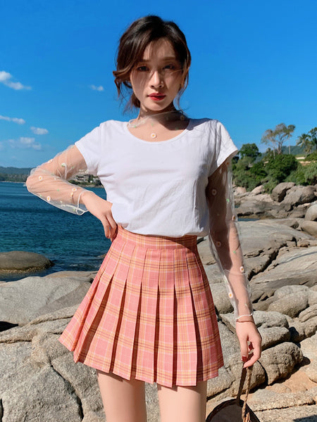 Summer Kawaii Women High Waist Soft Aesthetic Preppy Pleated Short Plaid Maxi A Line Skirt
