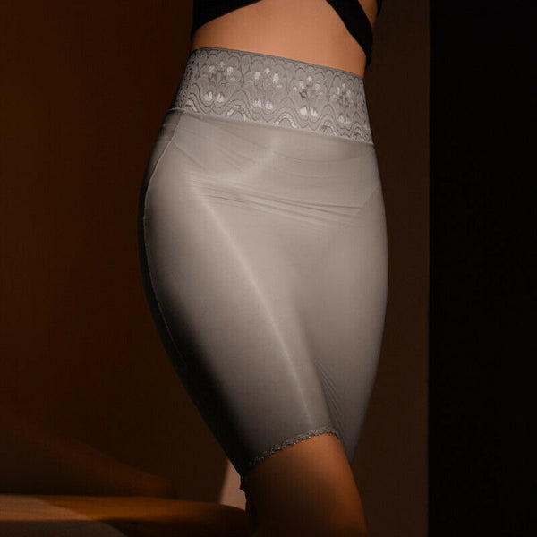 Women Sexy Shiny Bodycon See Through High Waist Sheer Lace Waistband Mini Skirt Dress