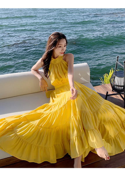 Summer Women Seaside Halter Neck Backless Bow Big Swing Cake Long Skirt Dress