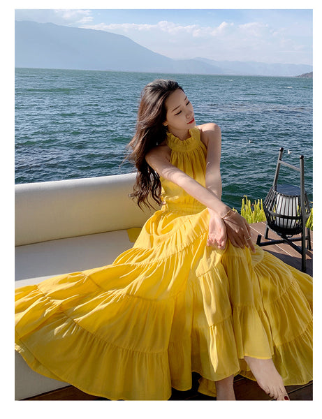 Summer Women Seaside Halter Neck Backless Bow Big Swing Cake Long Skirt Dress