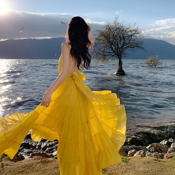 Summer Women Seaside Halter Neck Backless Bow Big Swing Cake Long Skirt Dress