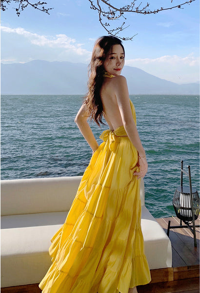 Summer Women Seaside Halter Neck Backless Bow Big Swing Cake Long Skirt Dress