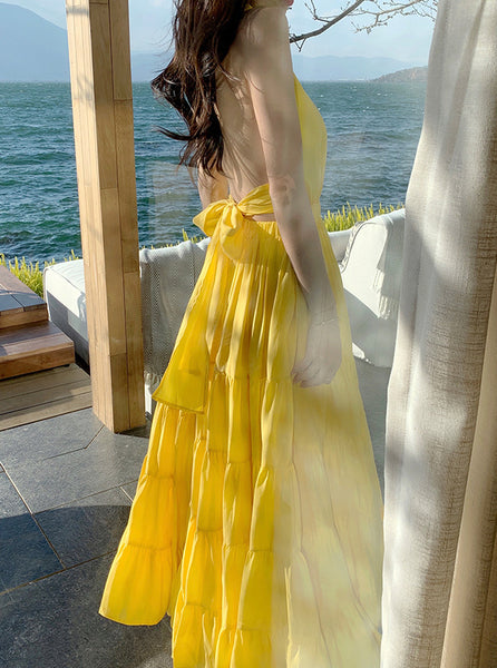 Summer Women Seaside Halter Neck Backless Bow Big Swing Cake Long Skirt Dress