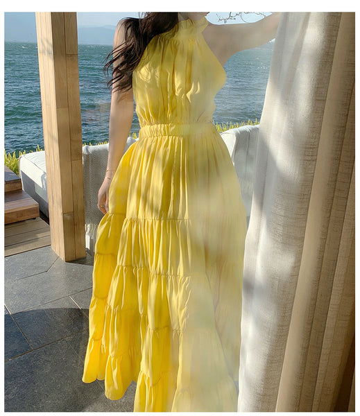 Summer Women Seaside Halter Neck Backless Bow Big Swing Cake Long Skirt Dress