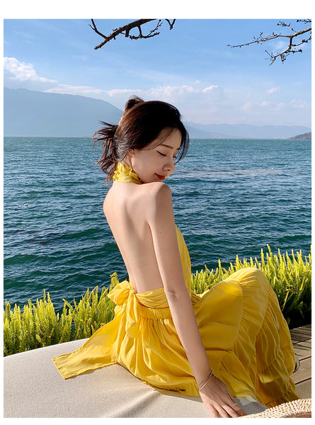 Summer Women Seaside Halter Neck Backless Bow Big Swing Cake Long Skirt Dress