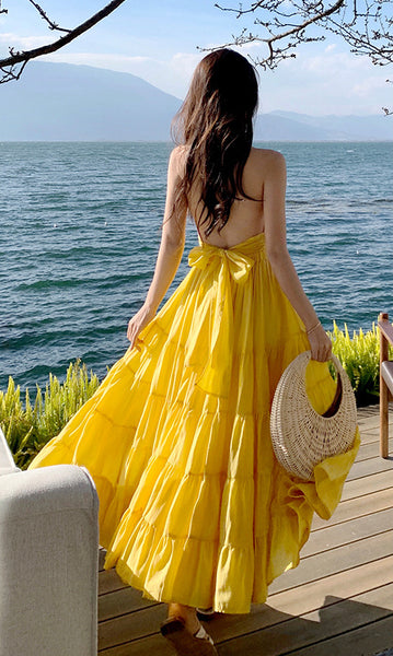 Summer Women Seaside Halter Neck Backless Bow Big Swing Cake Long Skirt Dress