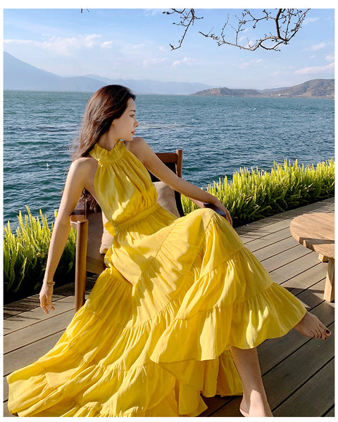 Summer Women Seaside Halter Neck Backless Bow Big Swing Cake Long Skirt Dress