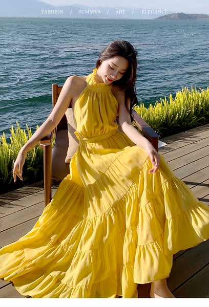 Summer Women Seaside Halter Neck Backless Bow Big Swing Cake Long Skirt Dress