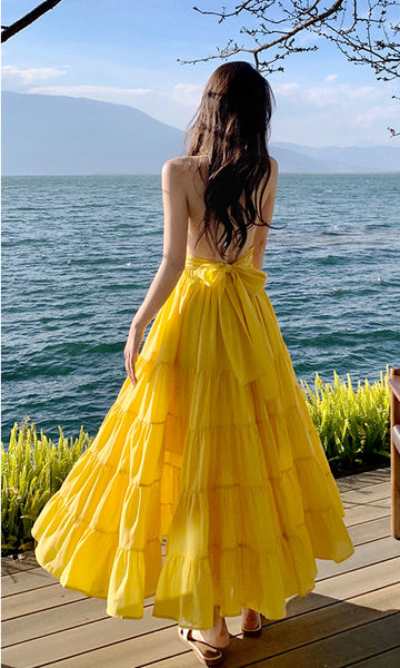 Summer Women Seaside Halter Neck Backless Bow Big Swing Cake Long Skirt Dress