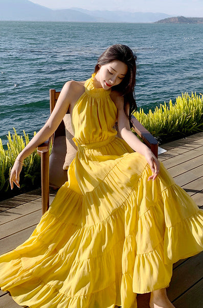 Summer Women Seaside Halter Neck Backless Bow Big Swing Cake Long Skirt Dress