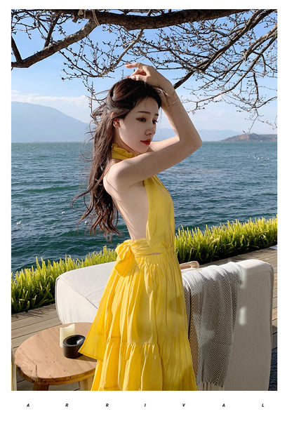 Summer Women Seaside Halter Neck Backless Bow Big Swing Cake Long Skirt Dress