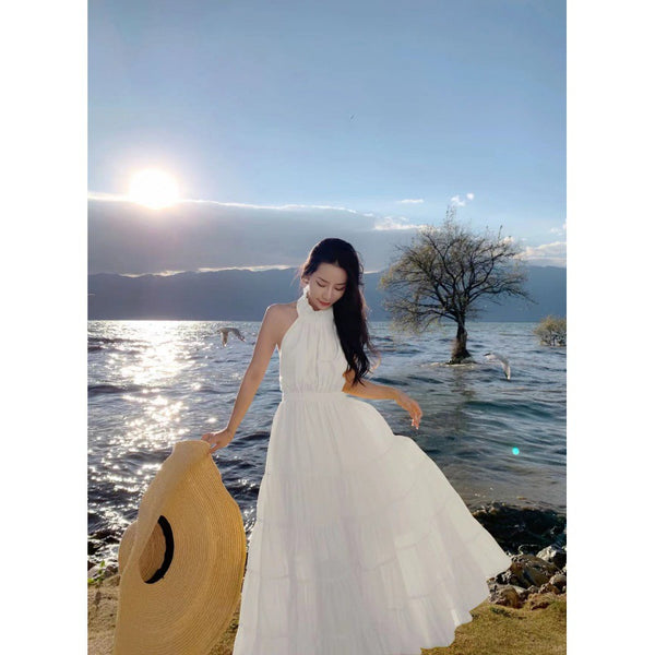 Summer Attractive Sweet Women Halter Neck Backless Bow Big Swing Cake Long Dress