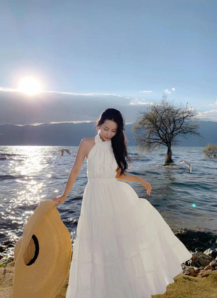 Summer Attractive Sweet Women Halter Neck Backless Bow Big Swing Cake Long Dress