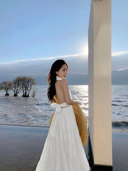 Summer Attractive Sweet Women Halter Neck Backless Bow Big Swing Cake Long Dress